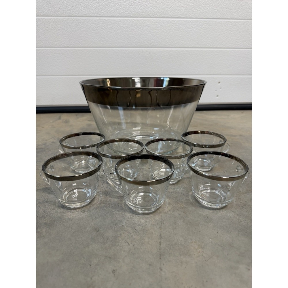 Vintage Mid Century Dorothy Thorpe Silver Band Punch Bowl and 7 Cups